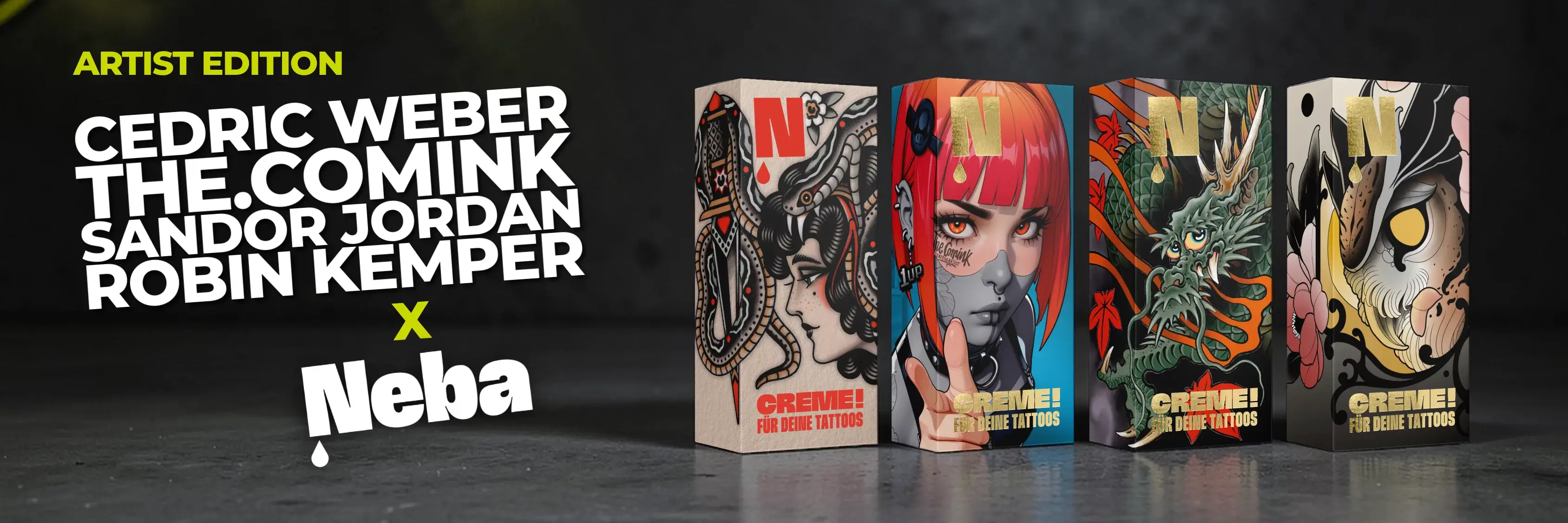 Neba Artist Edition Tattoo Creme mit Designs von Cedric Weber, The Comink, Sandor Jordan und Robin Kemper